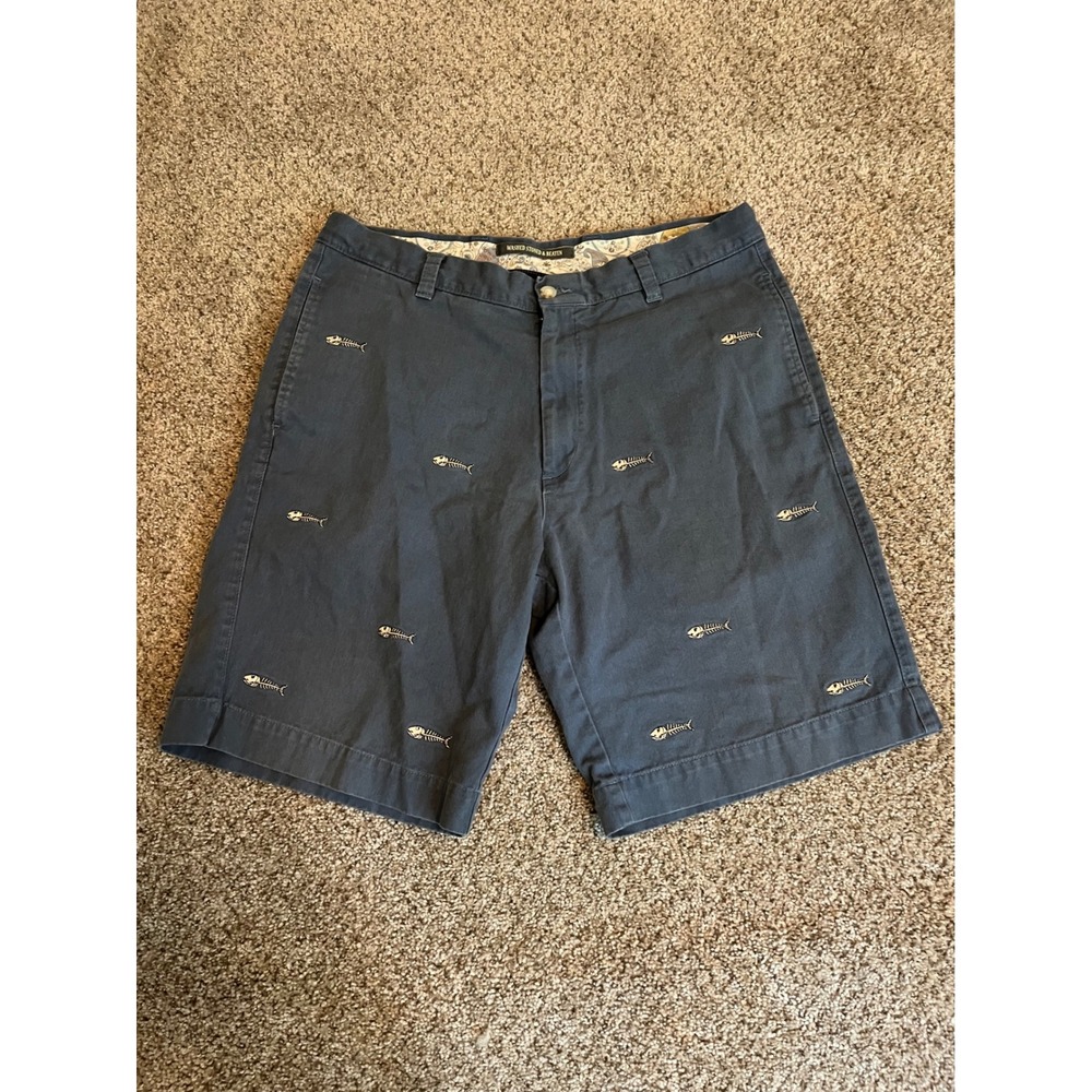 Berle Mens Shorts Sz 35 Blue Embroidered Fish Bone Skeleton Washed Stoned Beaten